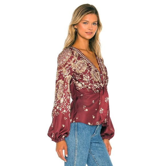 EUC Free People Run Free Burgundy Gold Paisley Floral Tie Front Blouse Size L - Picture 2 of 7